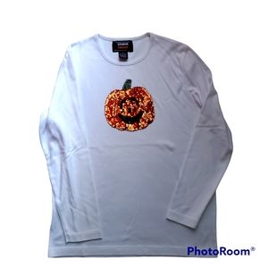 Sparkly Sequin Pumpkin White Long Sleeve Tshirt Halloween size S